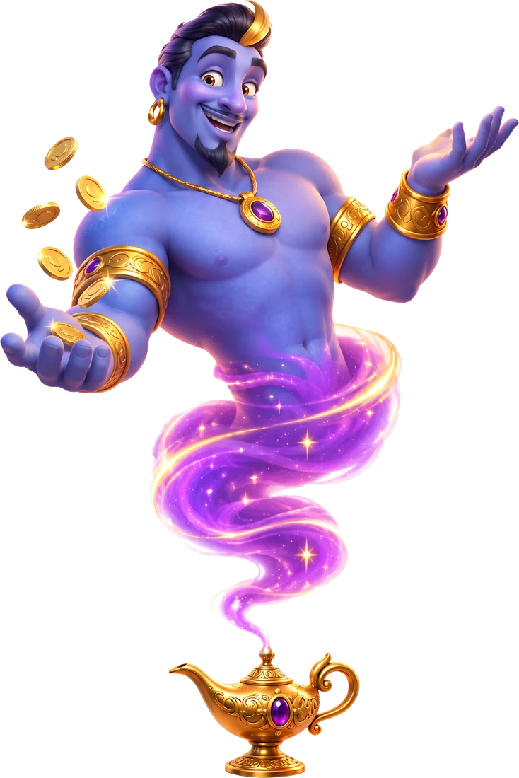 Wishio the genie tossing gold coins