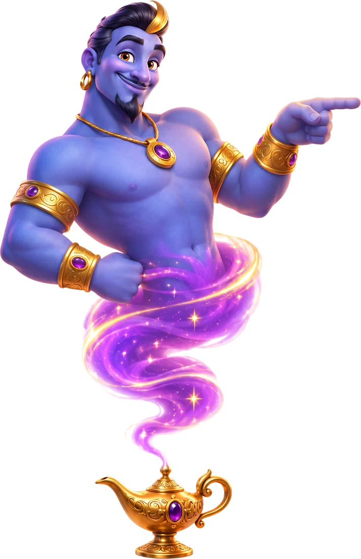 Wishio the genie pointing at the offer