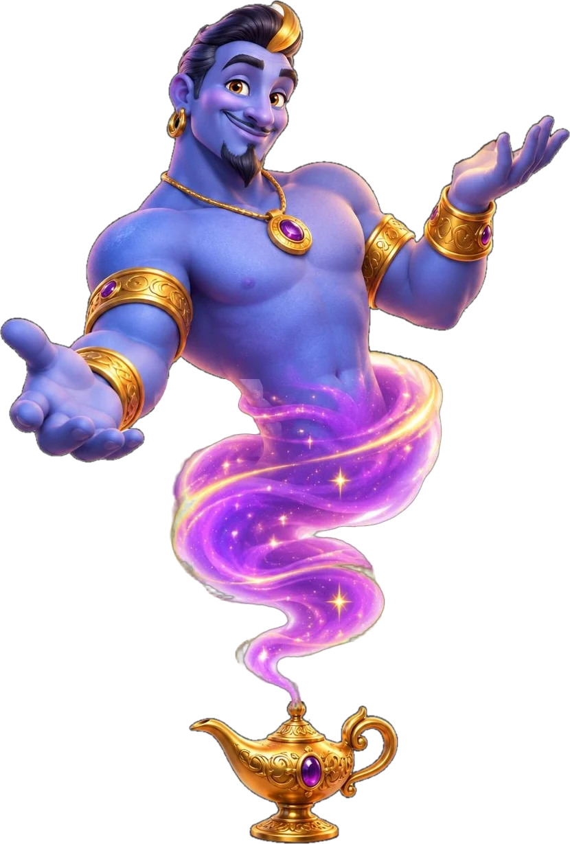 Wishio the genie rising from a golden lamp with open arms